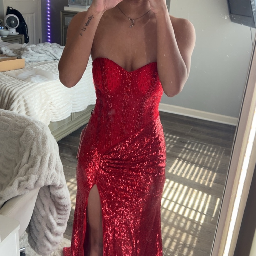 Red Sequin Strapless Gown Sweetheart Neckline